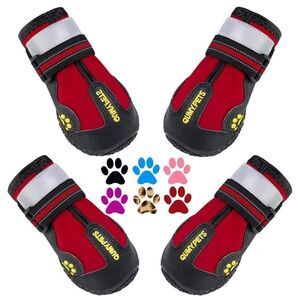 QUMY Dog Boots & Paw Protectors for Snow, Hot Pavement, Rain, Anti Slip, Red